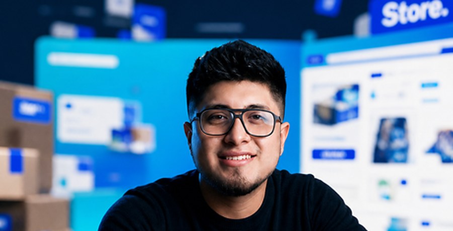 Daniel Bonilla en su escritorio con una tienda online y cajas de pedidos