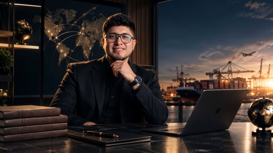 Daniel Bonilla en una oficina frente a un puerto de carga al atardecer