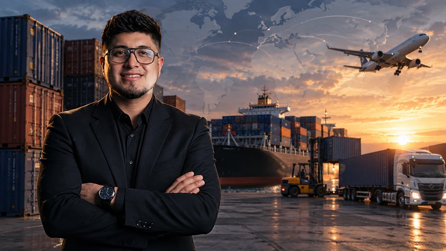Daniel Bonilla en un puerto con contenedores, barco y avión de carga