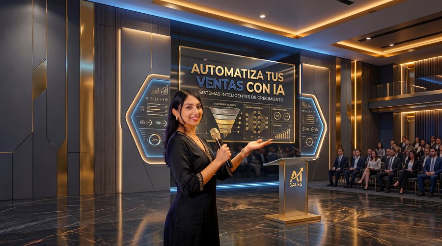 Instructora presentando ventas automatizadas con IA en un auditorio